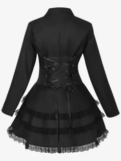 Mid-Length Punk Women Gothic Jacquard Double-Breasted Suit Black Swallowtail Coat European American