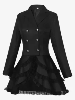 Mid-Length Punk Women Gothic Jacquard Double-Breasted Suit Black Swallowtail Coat European American