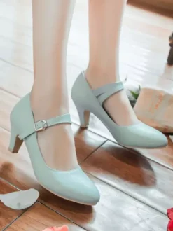 Mid-Low Heels For Woman Classic Round Toe Puppy Heel Strap Adjustable Glamorous Buckle White Pumps & Heels Vintage Shoes