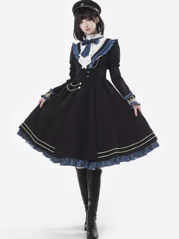 Military Lolita Dress Uniform with Tie and Cape Stylish Army Maiden Cosplay Costume for Role Playing