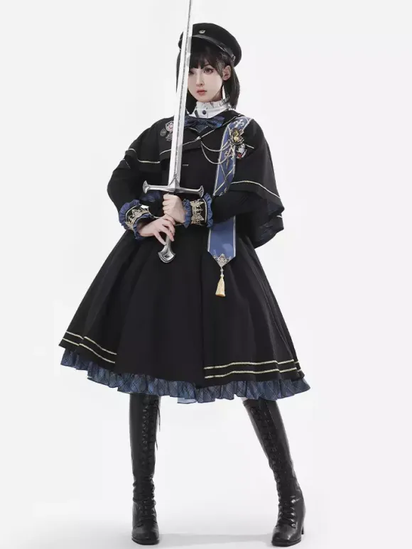 Military Lolita Dress Uniform with Tie and Cape Stylish Army Maiden Cosplay Costume for Role Playing