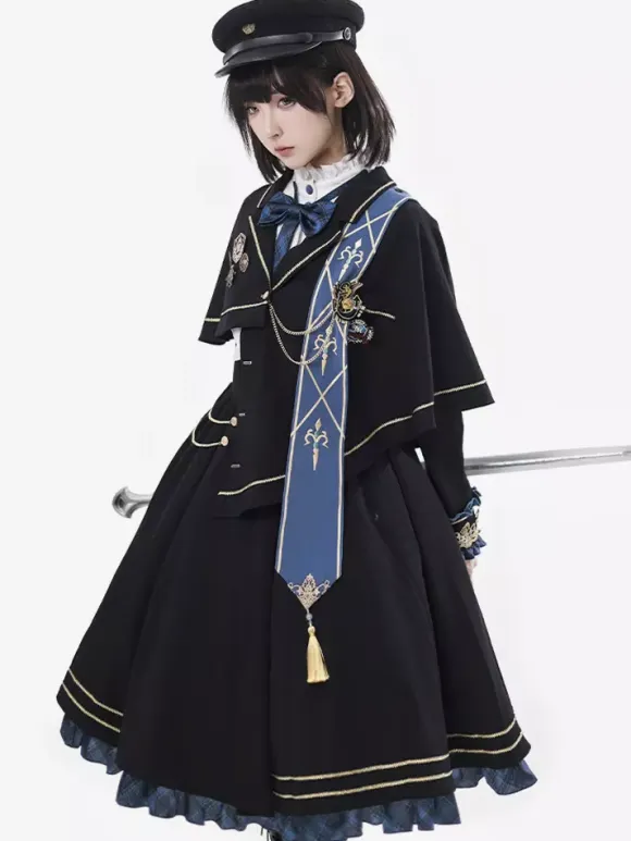 Military Lolita Dress Uniform with Tie and Cape Stylish Army Maiden Cosplay Costume for Role Playing