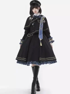 Military Lolita Dress Uniform with Tie and Cape Stylish Army Maiden Cosplay Costume for Role Playing