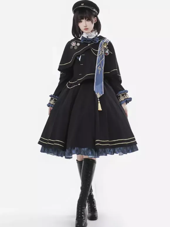 Military Lolita Dress Uniform with Tie and Cape Stylish Army Maiden Cosplay Costume for Role Playing