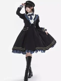 Military Lolita Dress Uniform with Tie and Cape Stylish Army Maiden Cosplay Costume for Role Playing