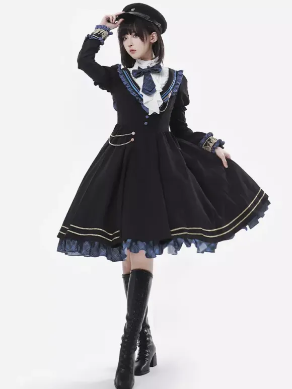 Military Lolita Dress Uniform with Tie and Cape Stylish Army Maiden Cosplay Costume for Role Playing