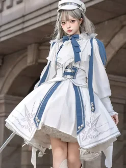 Military Lolita Uniform Set Long Sleeve Shirt And Corset Skirt Two-Piece Set White Blue Prince Knight Style Lolita Costume