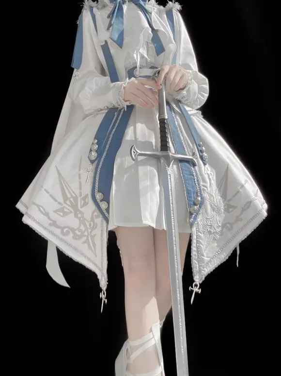 Military Lolita Uniform Set Long Sleeve Shirt And Corset Skirt Two-Piece Set White Blue Prince Knight Style Lolita Costume