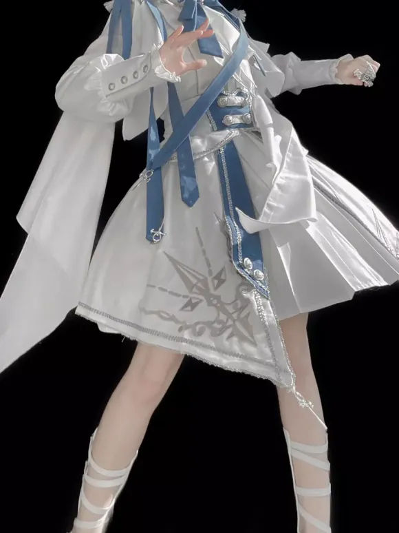 Military Lolita Uniform Set Long Sleeve Shirt And Corset Skirt Two-Piece Set White Blue Prince Knight Style Lolita Costume