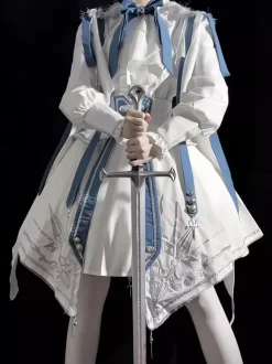 Military Lolita Uniform Set Long Sleeve Shirt And Corset Skirt Two-Piece Set White Blue Prince Knight Style Lolita Costume