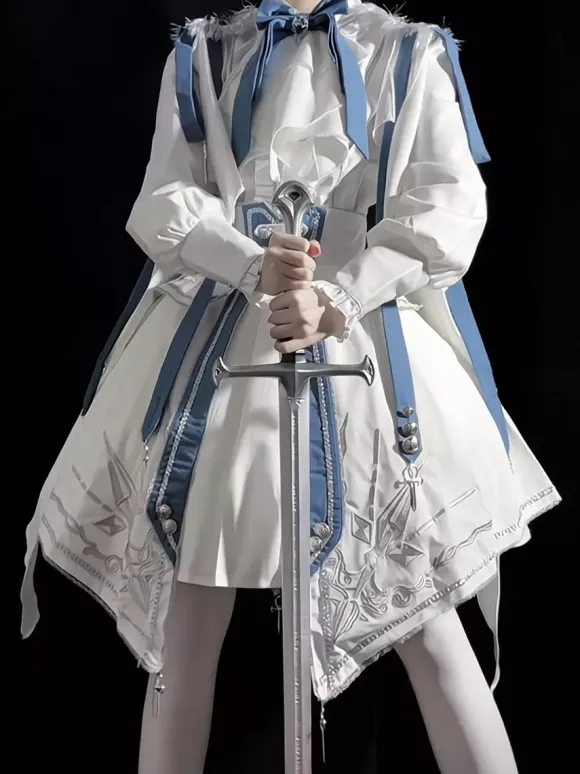 Military Lolita Uniform Set Long Sleeve Shirt And Corset Skirt Two-Piece Set White Blue Prince Knight Style Lolita Costume