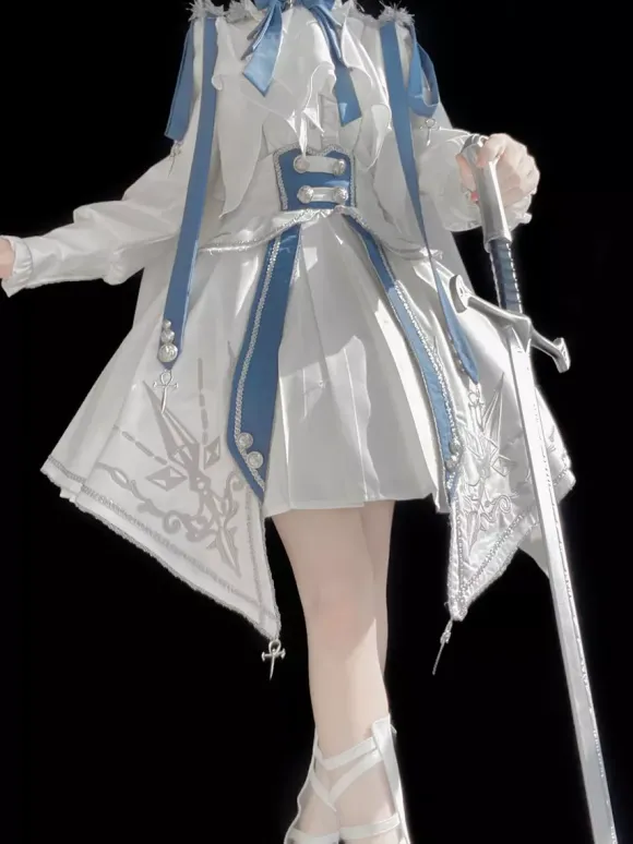 Military Lolita Uniform Set Long Sleeve Shirt And Corset Skirt Two-Piece Set White Blue Prince Knight Style Lolita Costume