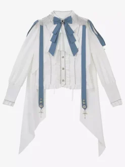 Military Lolita Uniform Set Long Sleeve Shirt And Corset Skirt Two-Piece Set White Blue Prince Knight Style Lolita Costume