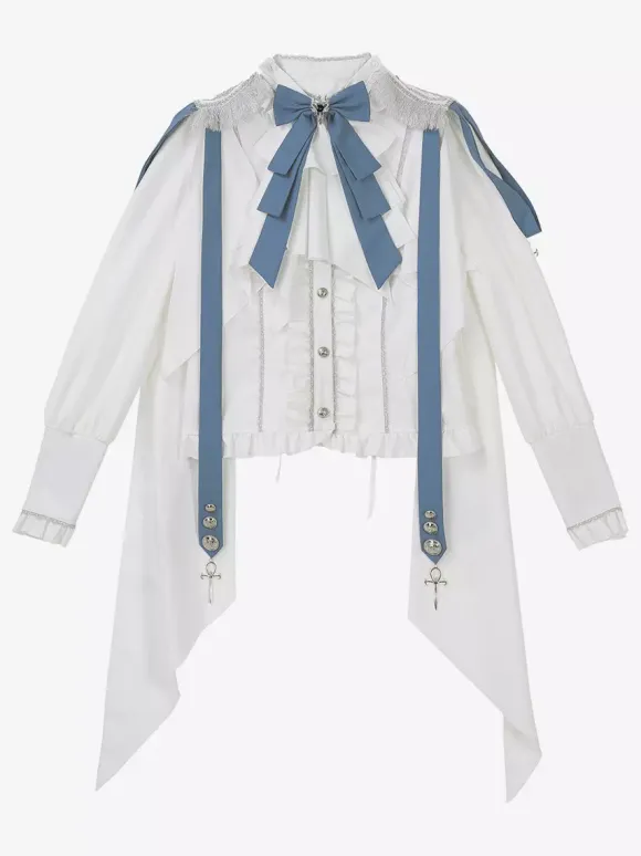 Military Lolita Uniform Set Long Sleeve Shirt And Corset Skirt Two-Piece Set White Blue Prince Knight Style Lolita Costume