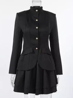 Military Blazer Skirt Set For Women Chic Two Piece Outfit - Black Vintage Stand Collar Slim Fit - Spring Party Wear 2026