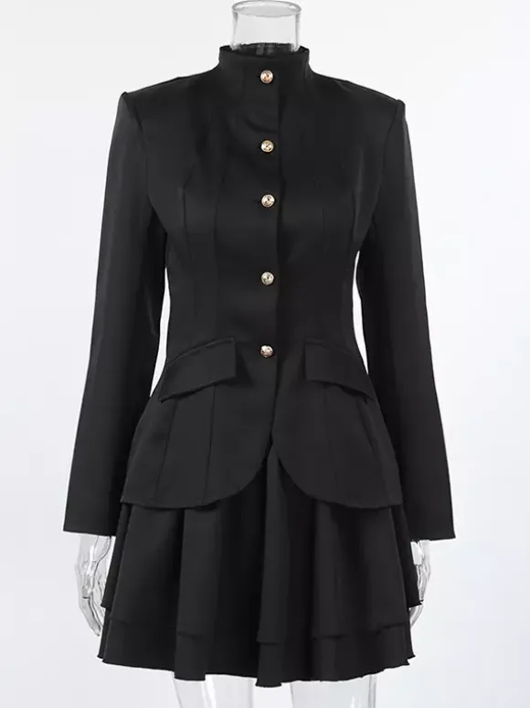 Military Blazer Skirt Set For Women Chic Two Piece Outfit - Black Vintage Stand Collar Slim Fit - Spring Party Wear 2026