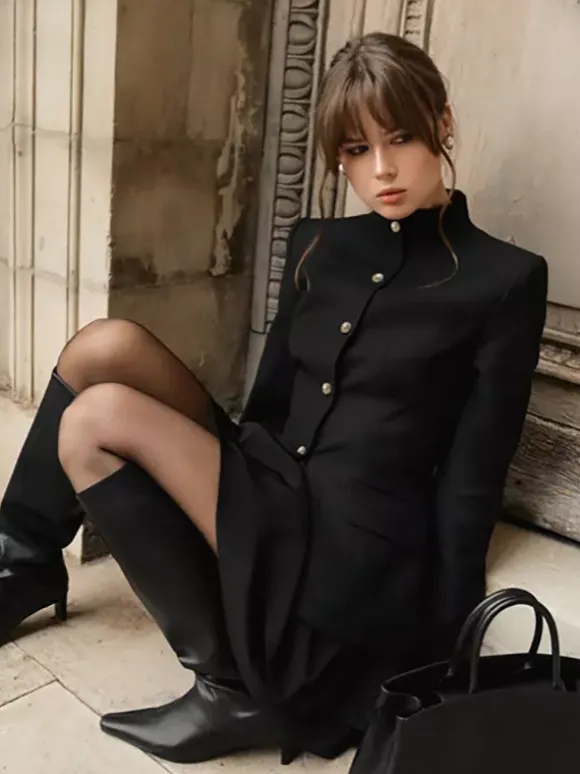 Military Blazer Skirt Set For Women Chic Two Piece Outfit - Black Vintage Stand Collar Slim Fit - Spring Party Wear 2026