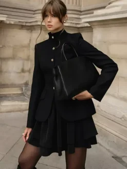 Military Blazer Skirt Set For Women Chic Two Piece Outfit - Black Vintage Stand Collar Slim Fit - Spring Party Wear 2026