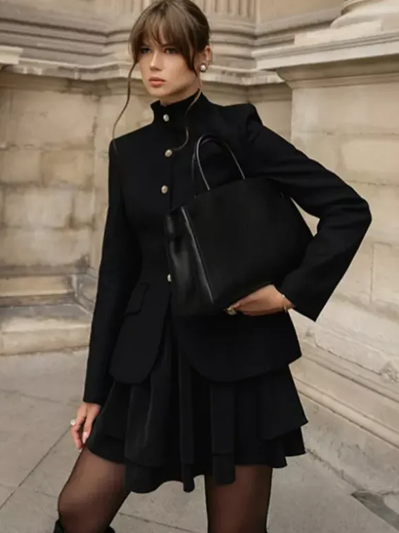 Military Blazer Skirt Set For Women Chic Two Piece Outfit - Black Vintage Stand Collar Slim Fit - Spring Party Wear 2026