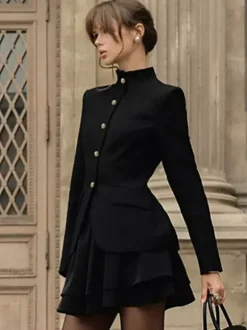 Military Blazer Skirt Set For Women Chic Two Piece Outfit - Black Vintage Stand Collar Slim Fit - Spring Party Wear 2026