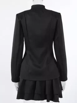 Military Blazer Skirt Set For Women Chic Two Piece Outfit - Black Vintage Stand Collar Slim Fit - Spring Party Wear 2026