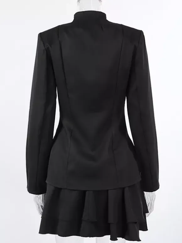 Military Blazer Skirt Set For Women Chic Two Piece Outfit - Black Vintage Stand Collar Slim Fit - Spring Party Wear 2026