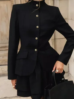 Military Blazer Skirt Set For Women Chic Two Piece Outfit - Black Vintage Stand Collar Slim Fit - Spring Party Wear 2026