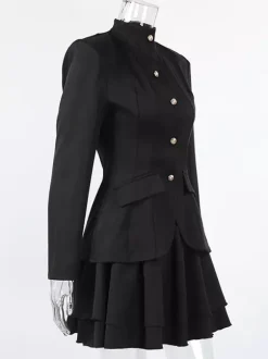Military Blazer Skirt Set For Women Chic Two Piece Outfit - Black Vintage Stand Collar Slim Fit - Spring Party Wear 2026