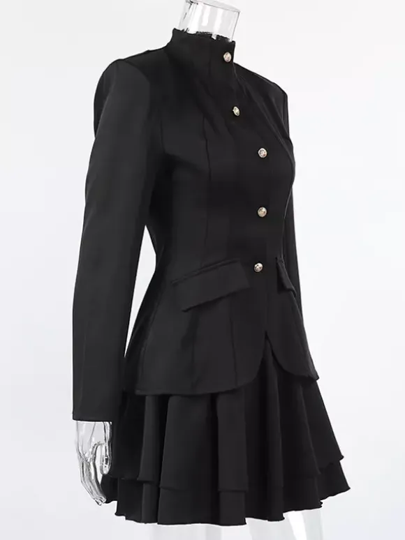 Military Blazer Skirt Set For Women Chic Two Piece Outfit - Black Vintage Stand Collar Slim Fit - Spring Party Wear 2026