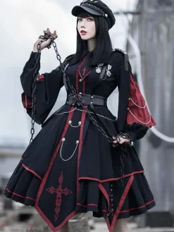 Military Style Lolita OP Dress 3 Pieces Set Black Long Sleeves Polyester Lolita Dress Outfit
