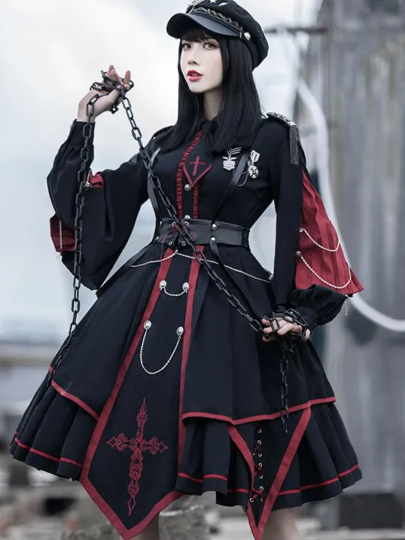 Military Style Lolita OP Dress 3 Pieces Set Black Long Sleeves Polyester Lolita Dress Outfit