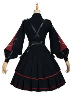 Military Style Lolita OP Dress 3 Pieces Set Black Long Sleeves Polyester Lolita Dress Outfit