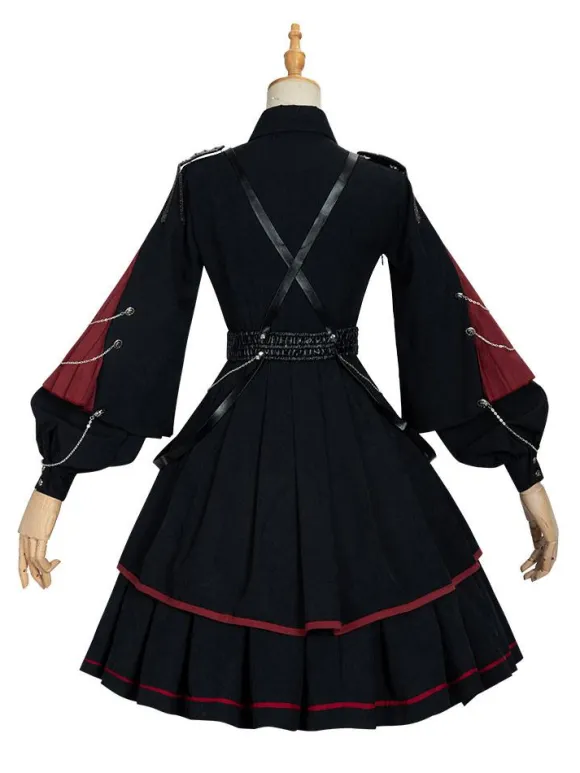Military Style Lolita OP Dress 3 Pieces Set Black Long Sleeves Polyester Lolita Dress Outfit