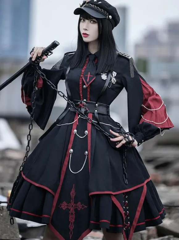 Military Style Lolita OP Dress 3 Pieces Set Black Long Sleeves Polyester Lolita Dress Outfit