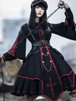 Military Style Lolita OP Dress 3 Pieces Set Black Long Sleeves Polyester Lolita Dress Outfit