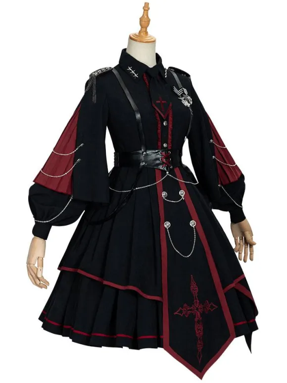 Military Style Lolita OP Dress 3 Pieces Set Black Long Sleeves Polyester Lolita Dress Outfit