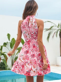 Mini Dresses Pink Floral Print Sleeveless Short Dress