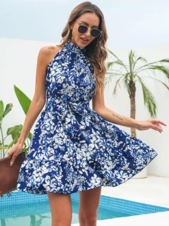 Mini Dresses Pink Floral Print Sleeveless Short Dress