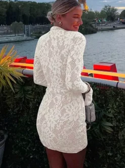 Mini Lace Dress With Cutout Long Sleeve High Neck Sexy Bodycon Club Dress For Women 2026