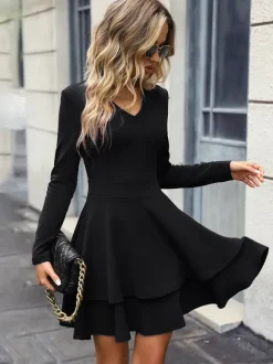 Mini Dresses Black Long Sleeves Short Dress In Burgundy