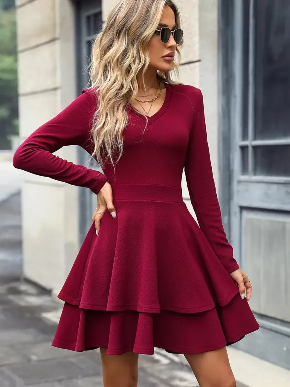Mini Dresses Black Long Sleeves Short Dress In Burgundy