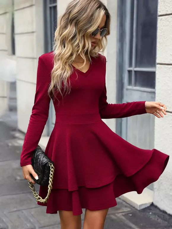 Mini Dresses Black Long Sleeves Short Dress In Burgundy