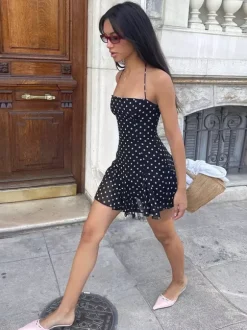 Mini Dresses For Woman Sleeveless Halter High Rise Waist Chic Black Backless Dress
