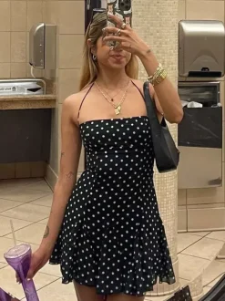 Mini Dresses For Woman Sleeveless Halter High Rise Waist Chic Black Backless Dress