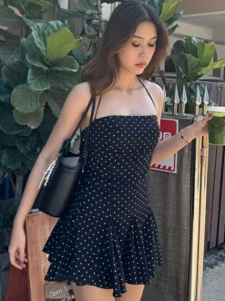 Mini Dresses For Woman Sleeveless Halter High Rise Waist Chic Black Backless Dress
