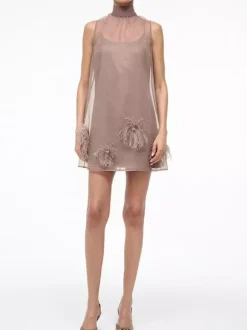 Mini Dresses Light Brown Sleeveless Lace Up Chiffon Short Dress For Women Mini Dresses