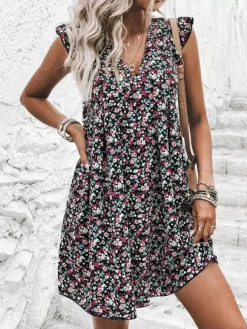 Mini Dresses White Printed Sleeveless Short Dress For Women