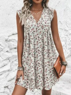 Mini Dresses White Printed Sleeveless Short Dress For Women