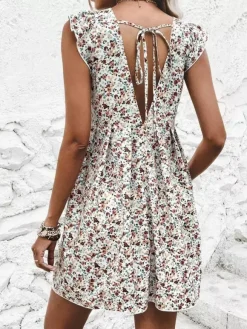 Mini Dresses White Printed Sleeveless Short Dress For Women