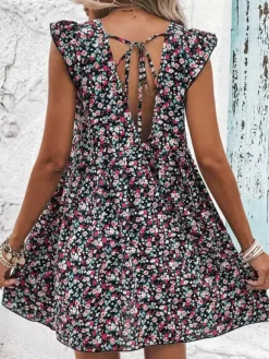 Mini Dresses White Printed Sleeveless Short Dress For Women